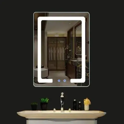 مرآة حمام فضية اللون بتصميم حديث مع إضاءة LED، مرآة حمام خشبية مستطيلة الشكل، ديكور ذكي للمكياج