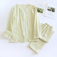 Ensemble de pyjama deux pièces en coton double gaze à carreaux avec bordure en dentelle pour fille, manches longues, doux et respirant, pour le printemps et l'automne