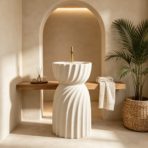 อ่างล้างหน้าแบบตั้งพื้นทรงโค้งวับบิซาบิ พร้อมฐานรองแบบมีร่อง ผลิตจากหินสังเคราะห์คุณภาพสูง ดีไซน์หรูหรา เหมาะสำหรับห้องน้ำ - Product Image 4