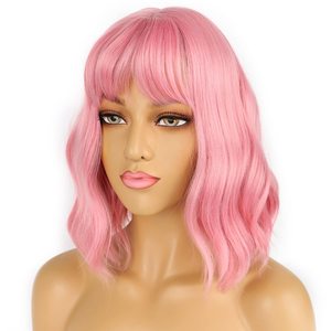 <span class=keywords><strong>Perruque</strong></span> Bob mi-longue rose pastel à lacets entièrement noués, avec frange, ondulée lâche, en fibre haute température, pour <span class=keywords><strong>femme</strong></span>, parfaite pour le cosplay et les costumes. - Product Image 2