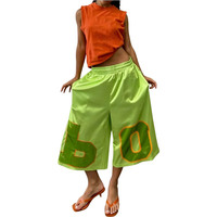 Pantalon 3/4 KY pour femme, short large en satin, coupe ample, cordon de serrage, taille élastique, vert lime, imprimé graphique, streetwear décontracté
