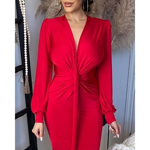 <b>Red</b> <b>Sequined</b> Off Shoulder Puff Sleeve Midi Dress With Slit Wedding Evening Gown Natural Waistline - Product Image 2