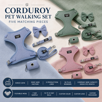 Kit de promenade pour chiot côtelé tendance, en gros, avec gilet de poitrine en Y, laisse, accessoire nœud, distributeur de sacs, en polyester et velours côtelé
