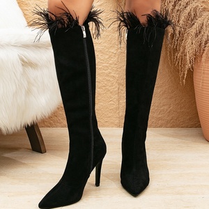 Bottes longues pour femmes en daim à bout pointu avec fermeture éclair latérale, talon aiguille, couleur unie, mode automne, hauteur genou - Product Image 5