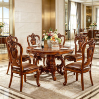 Ensemble de table à manger ronde en bois massif européen de luxe, chaises de salle à manger en cuir PU sculptées à la main pour villa, maison, hôtel, vente en gros