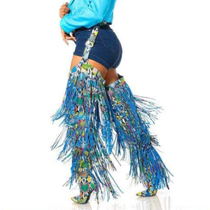 Large Size 44 Tassel Ornament Fancy Design Party Women Over Knee High <b>Boots</b> Thin Heel Women Long Booties Pointed Toe Side Zipper - Product Image 1