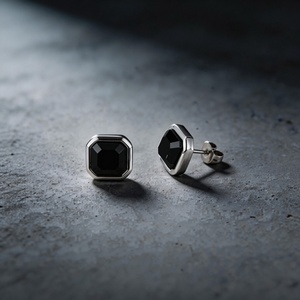 Men's Trendy <b>Black</b> Agate Bezel Setting <b>Stud</b> <b>Earrings</b> Silver Plated Stainless Steel Geometric Square Fashion Jewelry for Daily - Product Image 4