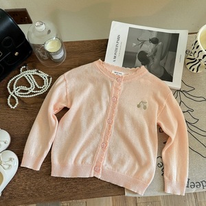 Tongxingyuan Girls Knit Cardigan Solid Color Cotton Spring Summer Autumn Casual Cherry Embroidery Sweater - Product Image 4