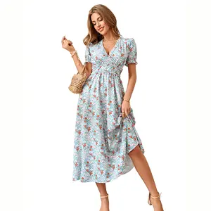 2023 OEM Wholesale Casual Commuting Summer New Dresses Ladies Formal Sexy V Neck Printed Short Sleeve Maxi Dress