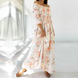 बंद कंधे पोशाक निर्माताओं फैशन गर्मियों रिसॉर्ट पहनने प्रिंट फूल पोलेनीशियाई पोशाक महिलाओं लंबी पोशाक