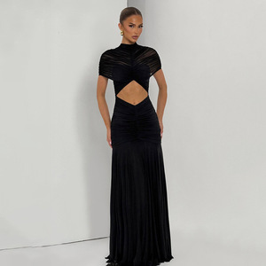 Robe de soirée taille haute, coupe sirène, design court à découpes, couleur unie, empiècements translucides, patchwork tendance - Product Image 1