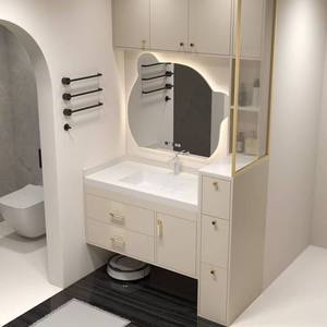 Customized minimalist style rock slab seamless integrated basin intelligent defogging <b>lighting</b> <b>mirror</b> bathroom cabinet - Product Image 4