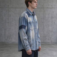 Chemise en jean vintage Dirty Spray, effet délavé, patchwork, manches longues, streetwear personnalisé pour homme