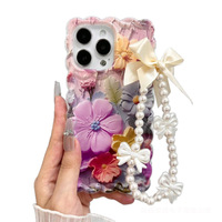 Coque de téléphone portable motif floral peint à l'huile avec bracelet et texture torsadée pour iPhone X, XR, XS Max, 11, 12, 13, 14, 15, 16, 17 Plus, Air