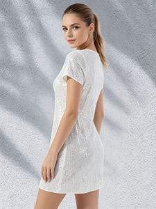 Robe courte à sequins blancs à manches courtes pour femmes grandes tailles, décontractée, pour soirée ou cocktail, SWEET BABE - Product Image 3