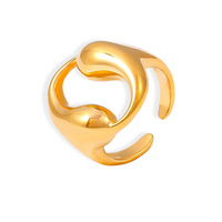 Bague ouverte ajustable double goutte d'eau creuse pour femme, en acier inoxydable plaqué or 18 carats, style statement massif