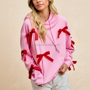 Sweat-shirt en molleton French Terry pour femme, blanc crème, avec lettres roses, col rond, fente latérale et nœud, style boutique, pour les fêtes de Noël - Product Image 5