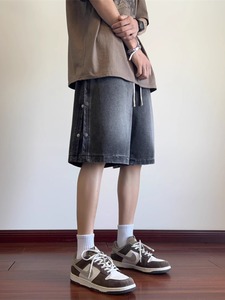 <span class=keywords><strong>Short</strong></span> en jean pour <span class=keywords><strong>homme</strong></span> noir gris délavé, taille élastique avec cordon de serrage, boutons latéraux, style streetwear, coupe décontractée - Product Image 2