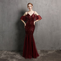 Nouveauté 2022 : Robe de Soirée Élégante Épaules Dénudées à Paillettes Frangées en Dentelle pour Femme