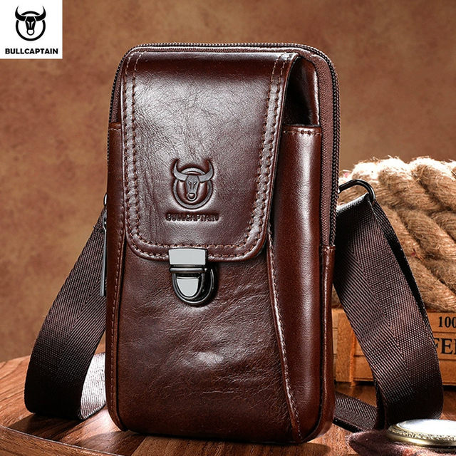 BULLCAPTAIN Genuine Leather Men'S Belt Phone Pouch for 5.5 to 6.4-Inch Phones Vertical Style Includes Card Holder and Key Pouch