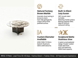 Tavolo da Pranzo Rotondo in Marmo Naturale Fantasy Brown con Lazy Susan Silenziosa Integrata, Base Scultorea Opaca Scura, OEM per Hotel e Ristoranti - Product Image 4