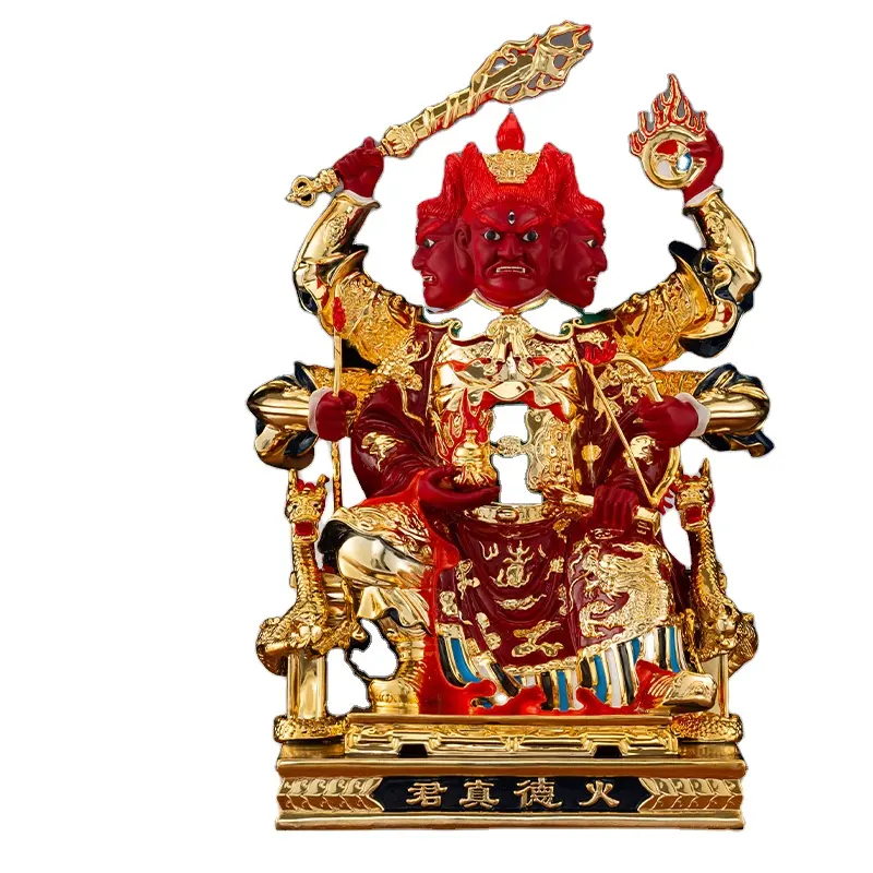 Statue of Huode Zhenjun 16 inch pure copper gilded Taoist three headed and six armed God of fire Buddha statue of God of fire