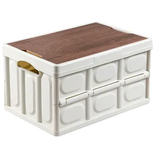 2023 New Foldable Storage Box Stackable Kitchen Tools For Camping Home Storage With Wooden Lid Cover