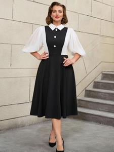 Abiti Casual a Linea A per Ragazze con Colletto a Risvolto e Maniche a Lanterna, Uniformi Scolastiche in Bianco e Nero - Product Image 2