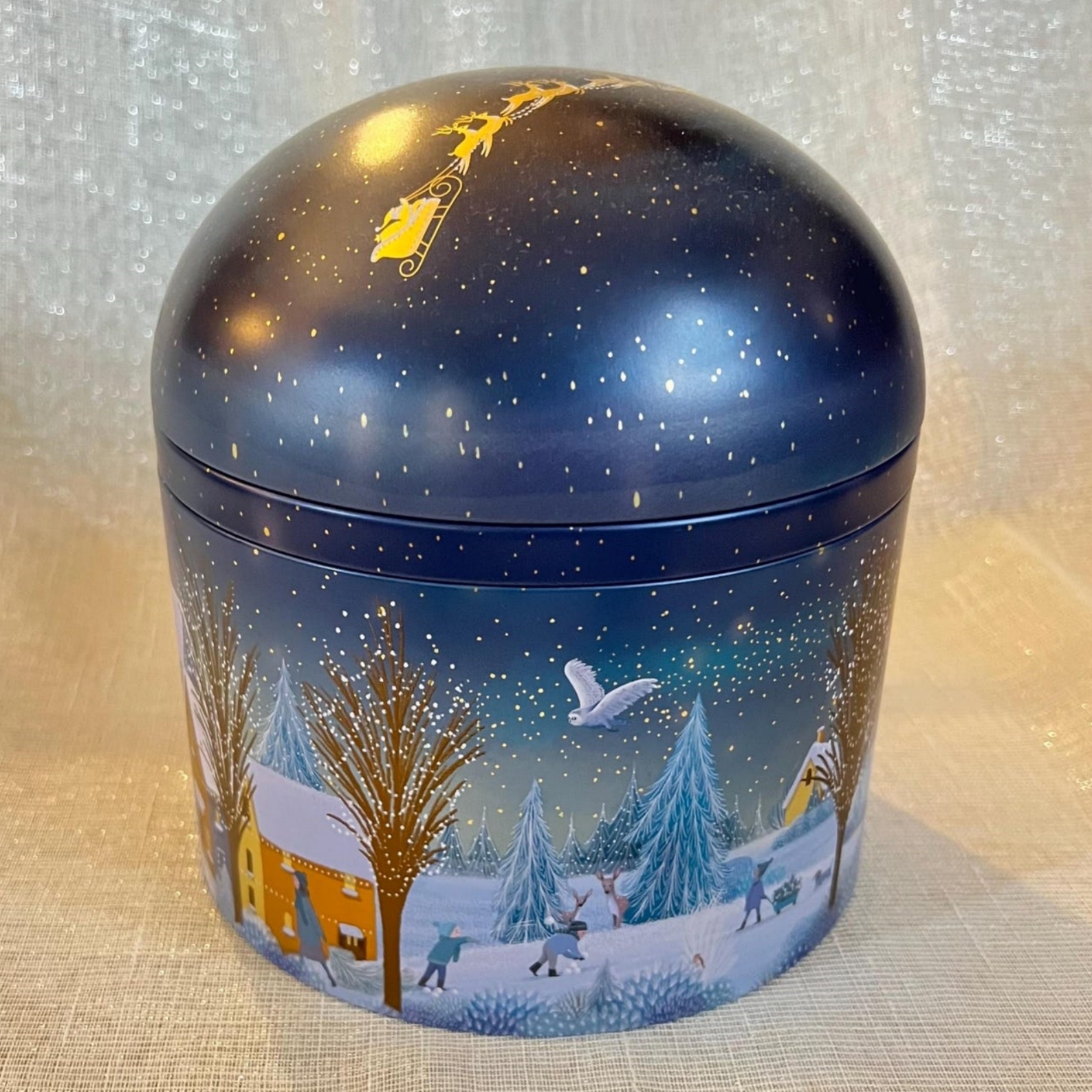 Factory Custom Round Rotating Music Tin Box Navy Blue Gold Winter Starry Night Light Projector Cookie Gift Plays Metal Cans