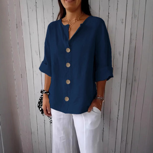 Camiseta Holgada de Verano para Mujer, Estilo Europeo y Americano, Cuello en V, Algodón y Lino, con Botones, Moderna y Versátil - Product Image 5