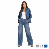 Veste utilitaire en denim délavé vintage 12 oz à multiples poches et jean cargo à jambe large pour femme, tailles OEM XS-5XL