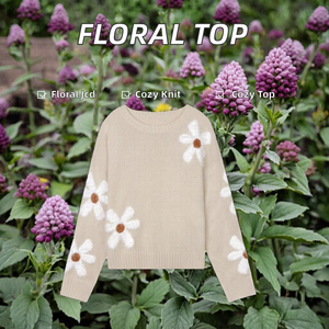 เสื้อสเวตเตอร์แบบสวมหัวคอกลมแขนยาวสำหรับผู้หญิงเสื้อถักแจ็คการ์ดลายดอกไม้สำหรับฤดูหนาวมีดีไซน์ด้านหน้า - Product Image 2