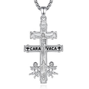 Merryshine 925 plata esterlina doble cruz crucifijo colgante collar hombres mujeres boda fiesta oración Caravaca Jesucristo - Product Image 1
