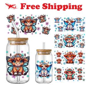 Free Shipping Cute Fairy Highland Cow UV DTF Cup Wrap Butterfly Wings Animal <b>Transfer</b> <b>Sticker</b> For 16oz Glass Can - Product Image 1