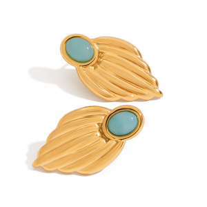 Leaf Shape Drop Earrings Gold Plated Blue Stone Bezel Setting Fashion Jewelry - Product Image 1