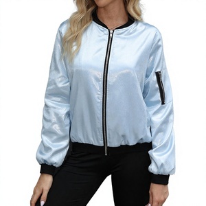 Chaqueta Bomber Azul Claro de Satén, Manga Larga, Cierre de Cremallera, Cuello Alto, Chaqueta de Primavera para Mujer, Color Sólido, Transpirable, Poliéster - Product Image 1