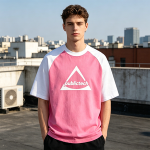 T-shirts roses pour hommes, coupe ample, col rond, 100% coton, impression par transfert thermique 240 GSM, streetwear premium personnalisable. - Product Image 3