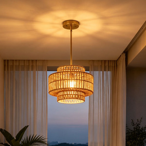 Luminaire d'intérieur à 3 niveaux, luminaire suspendu en forme de tambour, texture naturelle, fait à la main, avec tige de <span class=keywords><strong>suspension</strong></span> réglable - Product Image 1