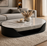 Table basse ovale en marbre gris avec armoire de rangement en bois, base noire, mobilier moderne pour salon, pierre durable, respectueux de l'environnement