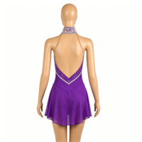 Robe de patinage artistique violette à dos nu profond avec strass et jupe en maille pour filles et adultes, idéale pour la compétition et les spectacles