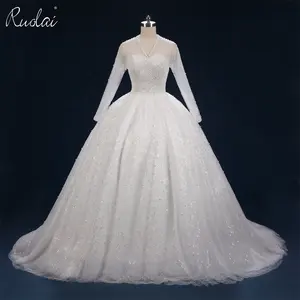 Ruolai QW01500 वि गर्दन लंबी आस्तीन गेंद पजामा Tulle शादी की पोशाक फीता मोती चमक के साथ दुल्हन की पोशाक गाउन