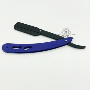 Rasoir droit à lame unique HARL Instruments en acier inoxydable, manche bleu, revêtement noir, pour usage professionnel par les barbiers - Product Image 5