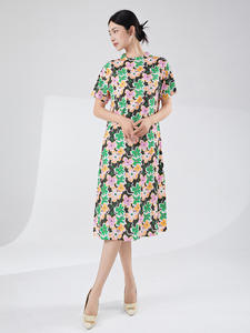 Miyake เดรสคลุมเข่าของผู้หญิงมีจีบพิมพ์ลายดอกไม้2025เอวธรรมชาติเป็นมิตรต่อสิ่งแวดล้อมทรงเอมีสินค้าในสต็อก - Product Image 5