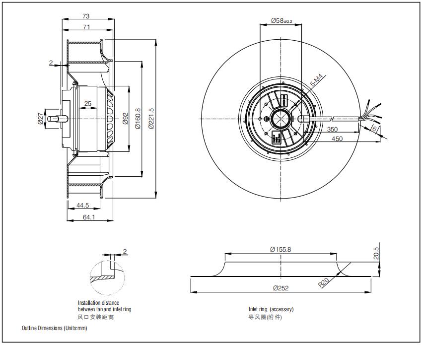 Diameter 220mm UL approved 550CFM 110V 120VAC Backward Curved Centrifugal Fan OEM ODM Customized for medical and home use