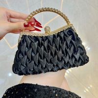 Pochette de soirée rétro européenne en satin plissé ornée de strass, forme coquille, avec fermoir kiss-lock, pour femme, poignée supérieure, idéale pour mariage, banquet, cocktail