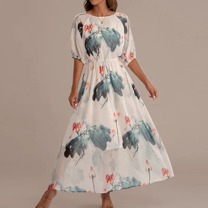OEM Best Quality Customization Round Neck Elegant Womens Dresses Summer Church Short Sleeve Floral Maxi Silk Dress