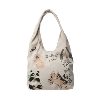 Cute Cartoon Canvas Tote Bag For Women Off White Khaki Fashionable Design Everyday Use Student Commuting Shoulder Bag - Product Image 5