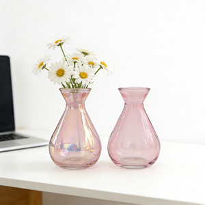 Vase à fleurs en verre rose irisé, électroplaqué, en forme de poire, pour la décoration moderne de la maison et l'ornement minimaliste - Product Image 1