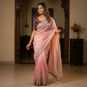 Indian Traditional Fandy <b>Satin</b> <b>Saree</b> Heavy Sequence Work Pallu Elegant Cut Work Border Bollywood Style Party Quick Dry - Product Image 1