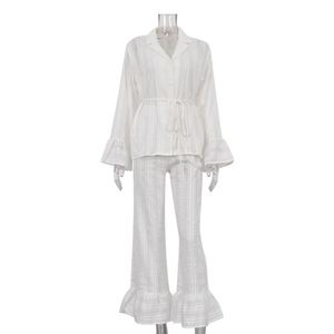Camicetta da donna Casual con cintura <span class=keywords><strong>a</strong></span> balze in due pezzi e <span class=keywords><strong>pantaloni</strong></span> <span class=keywords><strong>Palazzo</strong></span> in cotone bianco per 2025 primaverile Dropshipping - Product Image 4